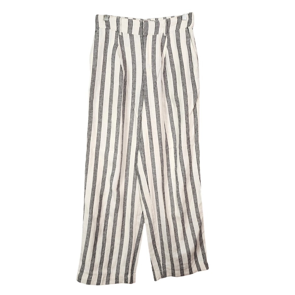 A‎ NEW DAY Size 4 Black Striped Linen Rayon Blend Relaxed Casual Trousers Pants